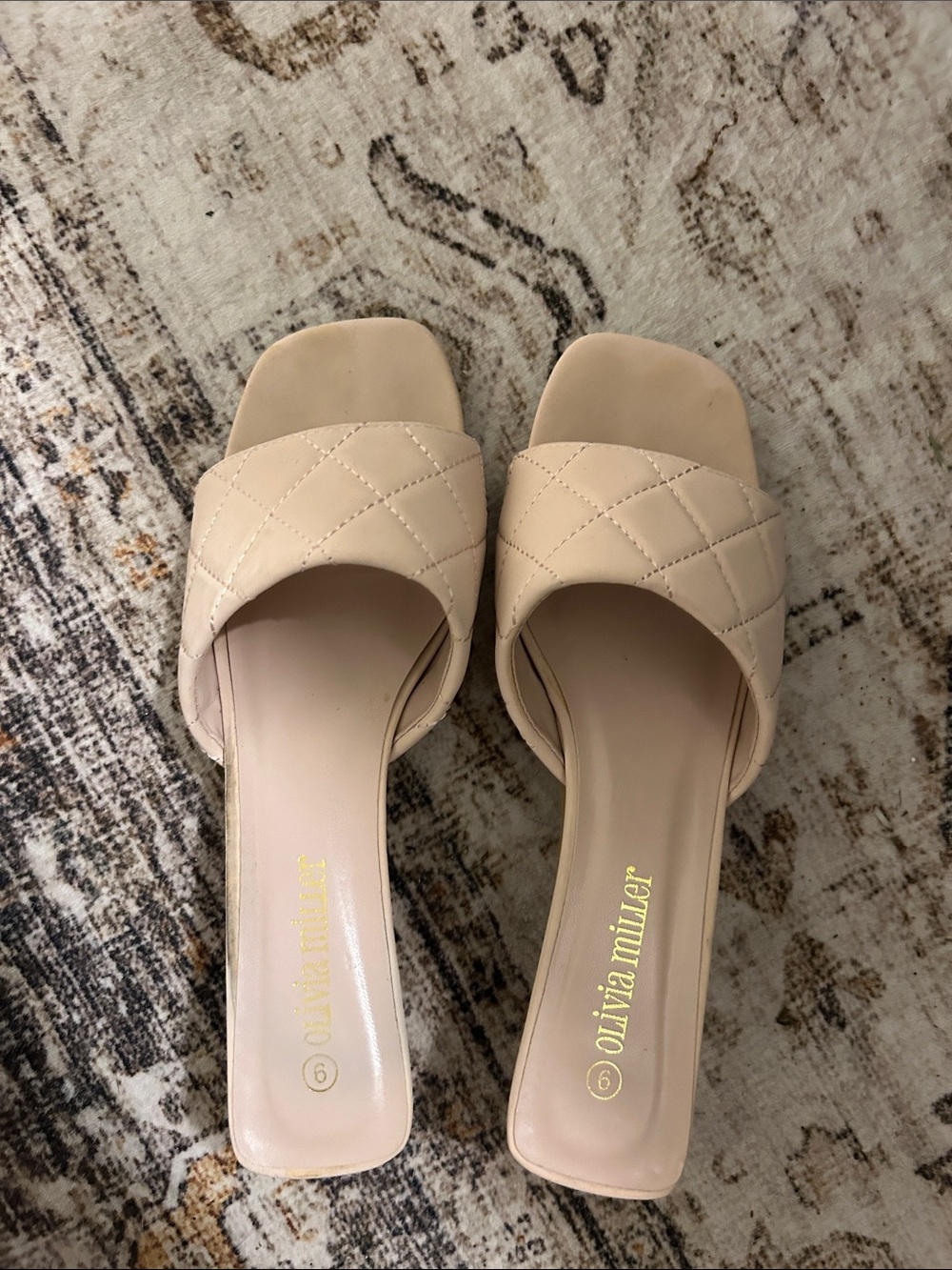 Olivia Miller Quilted Slide Mules in Beige — GENTLY USED!